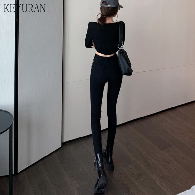 Priateľ, jar/jeseň 2021, nové sexi dámske úzke džínsy s vysokým pásom, čierne zipsové slim nohavice s kovovým krúžkom