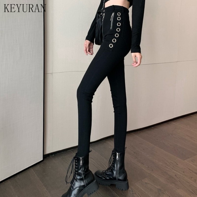 Priateľ, jar/jeseň 2021, nové sexi dámske úzke džínsy s vysokým pásom, čierne zipsové slim nohavice s kovovým krúžkom