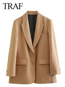 Dámske elegantné sako TRAF v khaki farbe, elegantné dlhé sako, dámske bundy, vintage jednofarebné sako, elegantné dlhé kabáty, kancelárska bunda