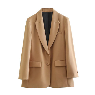 Dámske elegantné sako TRAF v khaki farbe, elegantné dlhé sako, dámske bundy, vintage jednofarebné sako, elegantné dlhé kabáty, kancelárska bunda