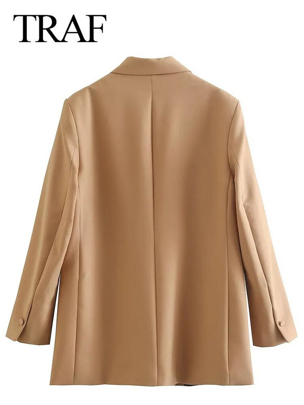 Dámske elegantné sako TRAF v khaki farbe, elegantné dlhé sako, dámske bundy, vintage jednofarebné sako, elegantné dlhé kabáty, kancelárska bunda