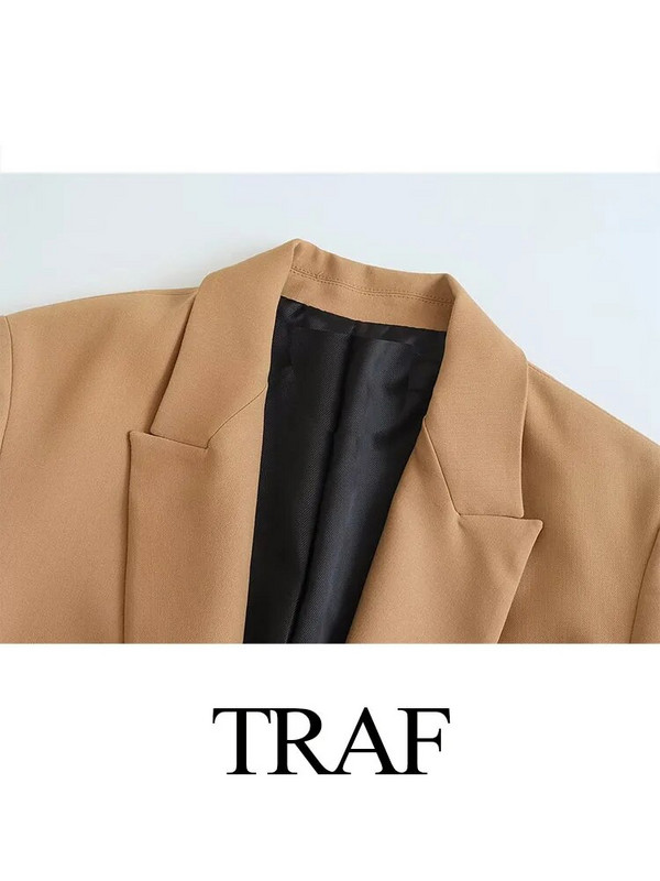 Dámske elegantné sako TRAF v khaki farbe, elegantné dlhé sako, dámske bundy, vintage jednofarebné sako, elegantné dlhé kabáty, kancelárska bunda