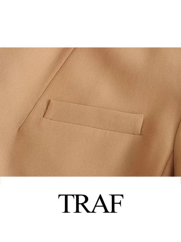 Dámske elegantné sako TRAF v khaki farbe, elegantné dlhé sako, dámske bundy, vintage jednofarebné sako, elegantné dlhé kabáty, kancelárska bunda