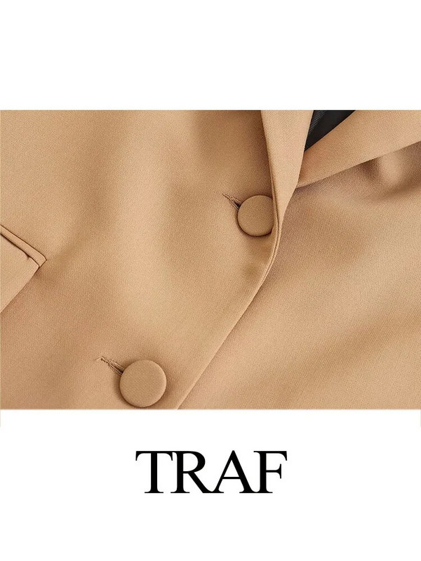 Dámske elegantné sako TRAF v khaki farbe, elegantné dlhé sako, dámske bundy, vintage jednofarebné sako, elegantné dlhé kabáty, kancelárska bunda