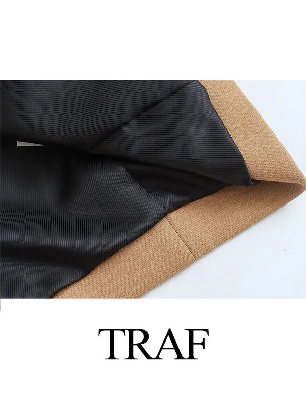 Dámske elegantné sako TRAF v khaki farbe, elegantné dlhé sako, dámske bundy, vintage jednofarebné sako, elegantné dlhé kabáty, kancelárska bunda