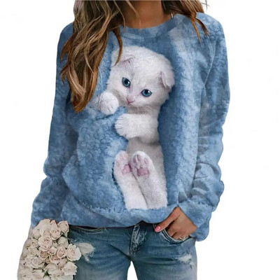 Hanorac ocazional largi, alb, drăguț, cu imprimeu de pisici, hanorac 2023, toamnă, cu decolteu, cu mânecă lungă, 3D, pentru femei, topuri de zi cu zi