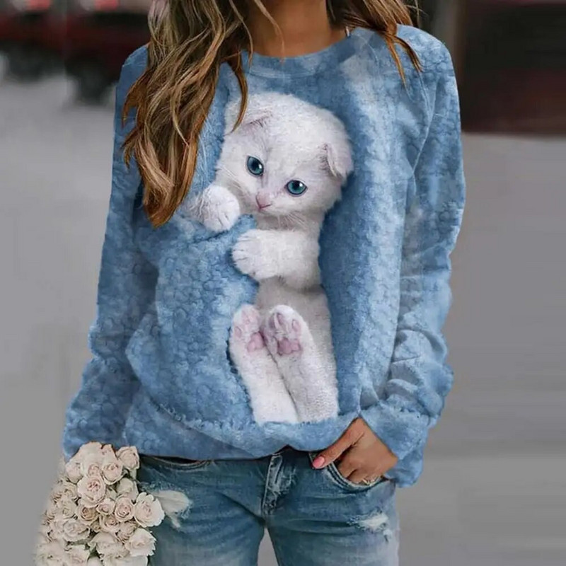 Hanorac ocazional largi, alb, drăguț, cu imprimeu de pisici, hanorac 2023, toamnă, cu decolteu, cu mânecă lungă, 3D, pentru femei, topuri de zi cu zi