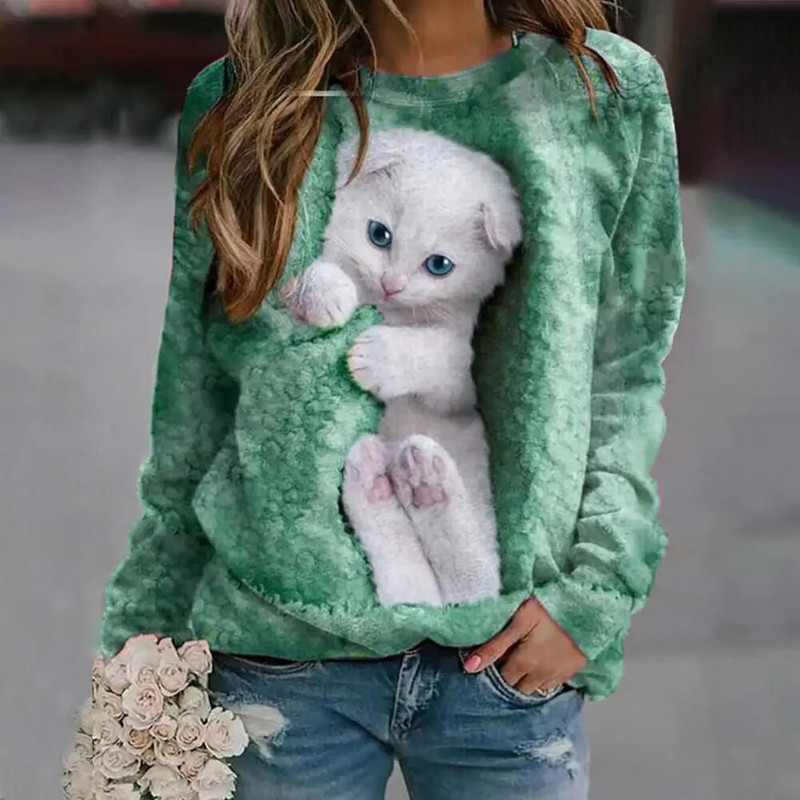 Hanorac ocazional largi, alb, drăguț, cu imprimeu de pisici, hanorac 2023, toamnă, cu decolteu, cu mânecă lungă, 3D, pentru femei, topuri de zi cu zi