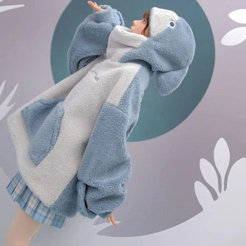 Дамска качулка с форма на Kawaii Shark, сладко палто Корейска мода, свободна, подходяща, удебелена качулка