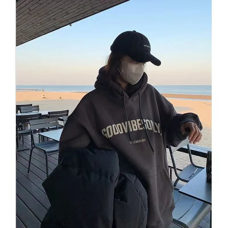 Moteriški drabužiai Pilki vintažiniai gatvės megztiniai su gobtuvu, marginti raidėmis ilgomis rankovėmis, laisvalaikio, šilti, dideli, maišyti moteriški viršutiniai drabužiai, rudens