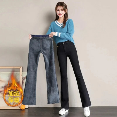Blugi evazați cu căptușeală de pluș de epocă, iarnă, calduri, casual, skinny Vaqueros, îngroșați, pantaloni elastici din denim, talie înaltă, pentru femei, cu clopoței