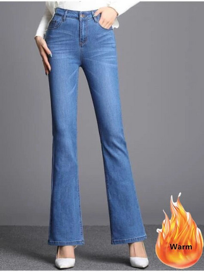 Blugi evazați cu căptușeală de pluș de epocă, iarnă, calduri, casual, skinny Vaqueros, îngroșați, pantaloni elastici din denim, talie înaltă, pentru femei, cu clopoței