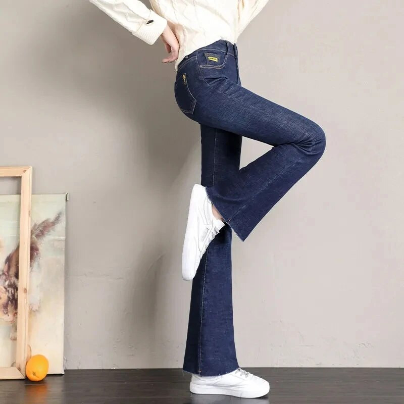 Blugi evazați cu căptușeală de pluș de epocă, iarnă, calduri, casual, skinny Vaqueros, îngroșați, pantaloni elastici din denim, talie înaltă, pentru femei, cu clopoței