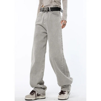 Светлосиви дамски дънки с висока талия Винтидж прави дънкови панталони Streetwear стил Американска мода Женски широки дънкови панталони