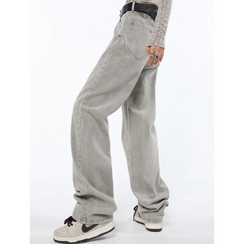 Светлосиви дамски дънки с висока талия Винтидж прави дънкови панталони Streetwear стил Американска мода Женски широки дънкови панталони