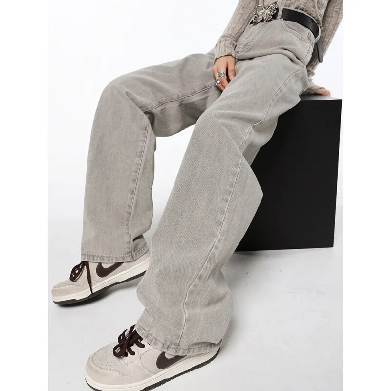 Ανοιχτό γκρι γυναικείο τζιν ψηλόμεσο Vintage ίσιο τζιν παντελόνι Streetwear στυλ αμερικανικής μόδας Γυναικείο φαρδύ τζιν παντελόνι