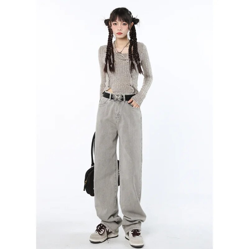 Ανοιχτό γκρι γυναικείο τζιν ψηλόμεσο Vintage ίσιο τζιν παντελόνι Streetwear στυλ αμερικανικής μόδας Γυναικείο φαρδύ τζιν παντελόνι
