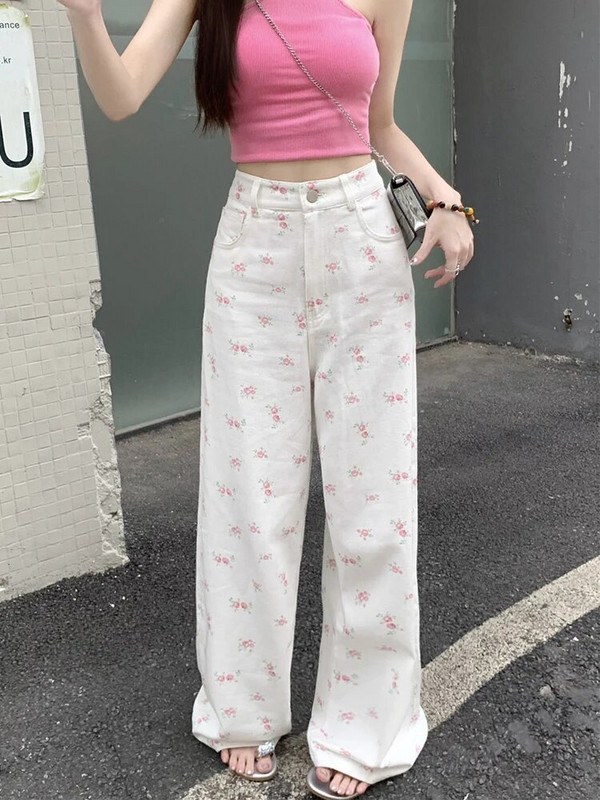 Zoki Módne kvetinové dámske sladké džínsy kórejské elegantné nohavice s vysokým pásom a širokými nohavicami, voľné, všetky druhy, dámske ležérne, veľkosť S-3XL