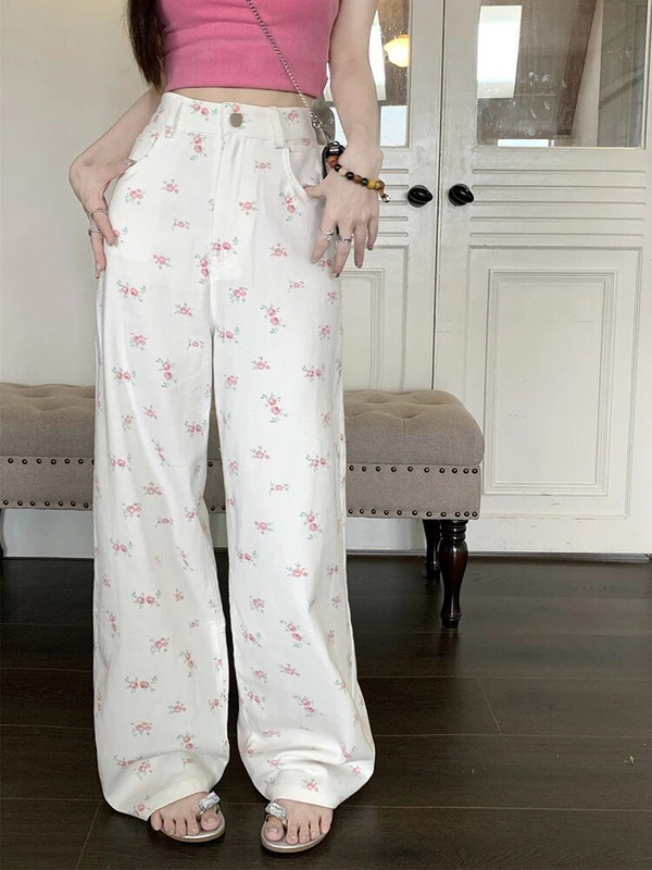 Zoki Módne kvetinové dámske sladké džínsy kórejské elegantné nohavice s vysokým pásom a širokými nohavicami, voľné, všetky druhy, dámske ležérne, veľkosť S-3XL