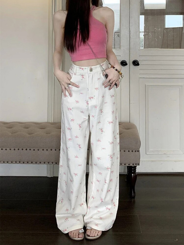 Zoki Módne kvetinové dámske sladké džínsy kórejské elegantné nohavice s vysokým pásom a širokými nohavicami, voľné, všetky druhy, dámske ležérne, veľkosť S-3XL