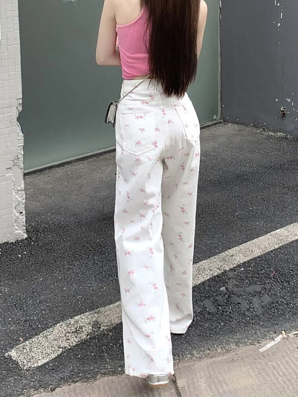 Zoki Módne kvetinové dámske sladké džínsy kórejské elegantné nohavice s vysokým pásom a širokými nohavicami, voľné, všetky druhy, dámske ležérne, veľkosť S-3XL