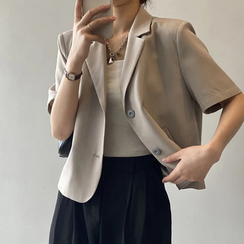 Lucyever Елегантен офис костюм с къс ръкав Палта Дамски едноцветни разкроени блейзъри Дамско едноредно късо яке