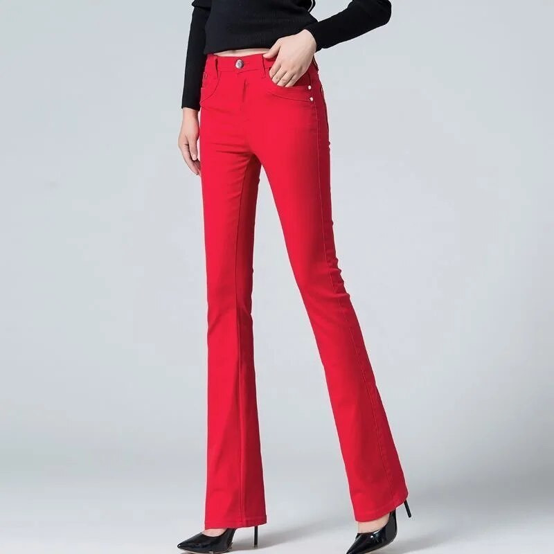 Dámske biele 80 % bavlnené rozšírené džínsy, úzke strečové džínsy pre mamičky, trendy, cukríkové farby, slim kovbojské nohavice OL Pantalones