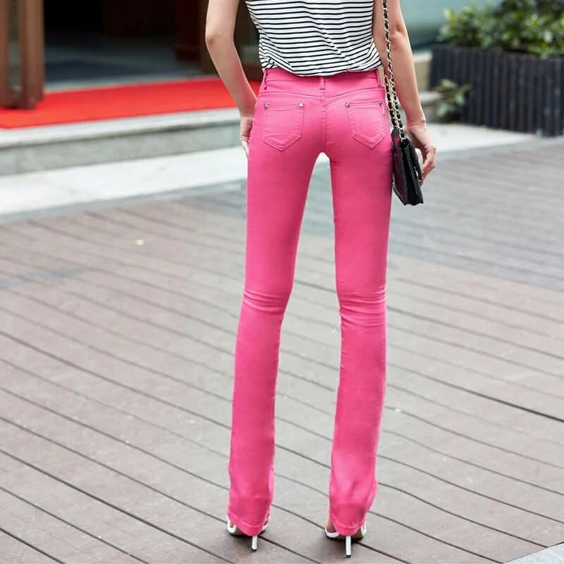 Dámske biele 80 % bavlnené rozšírené džínsy, úzke strečové džínsy pre mamičky, trendy, cukríkové farby, slim kovbojské nohavice OL Pantalones