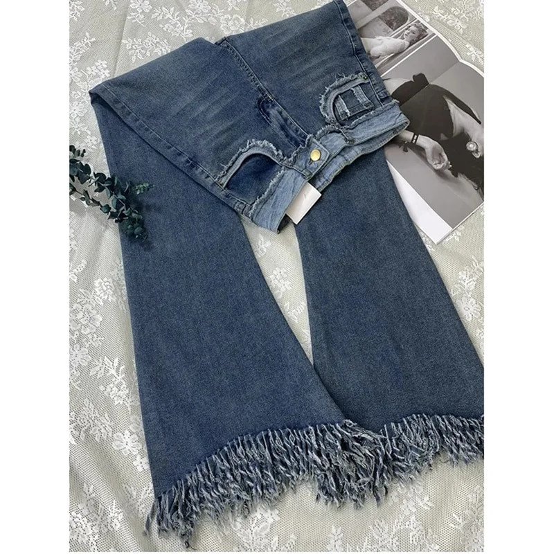 Dámske vintage streetwear džínsy s vysokým pásom, kórejské módne strihy, štíhle gombíky, nohavice, strapce, džínsy, ležérne úzke nohavice