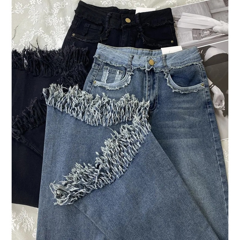 Dámske vintage streetwear džínsy s vysokým pásom, kórejské módne strihy, štíhle gombíky, nohavice, strapce, džínsy, ležérne úzke nohavice