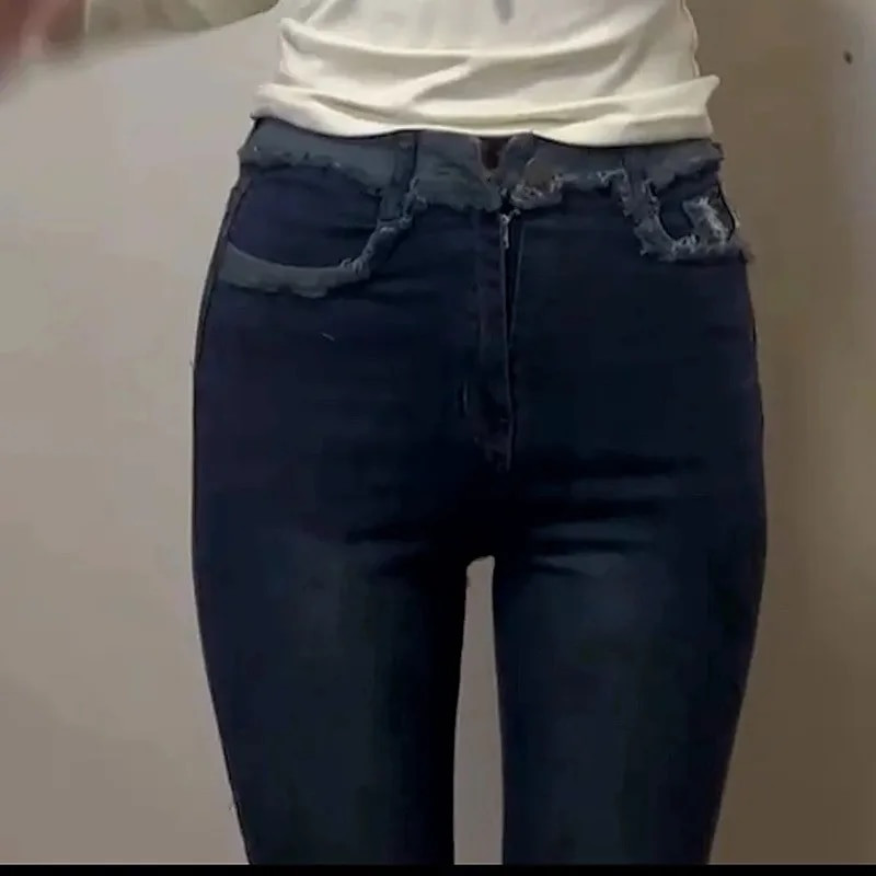 Dámske vintage streetwear džínsy s vysokým pásom, kórejské módne strihy, štíhle gombíky, nohavice, strapce, džínsy, ležérne úzke nohavice