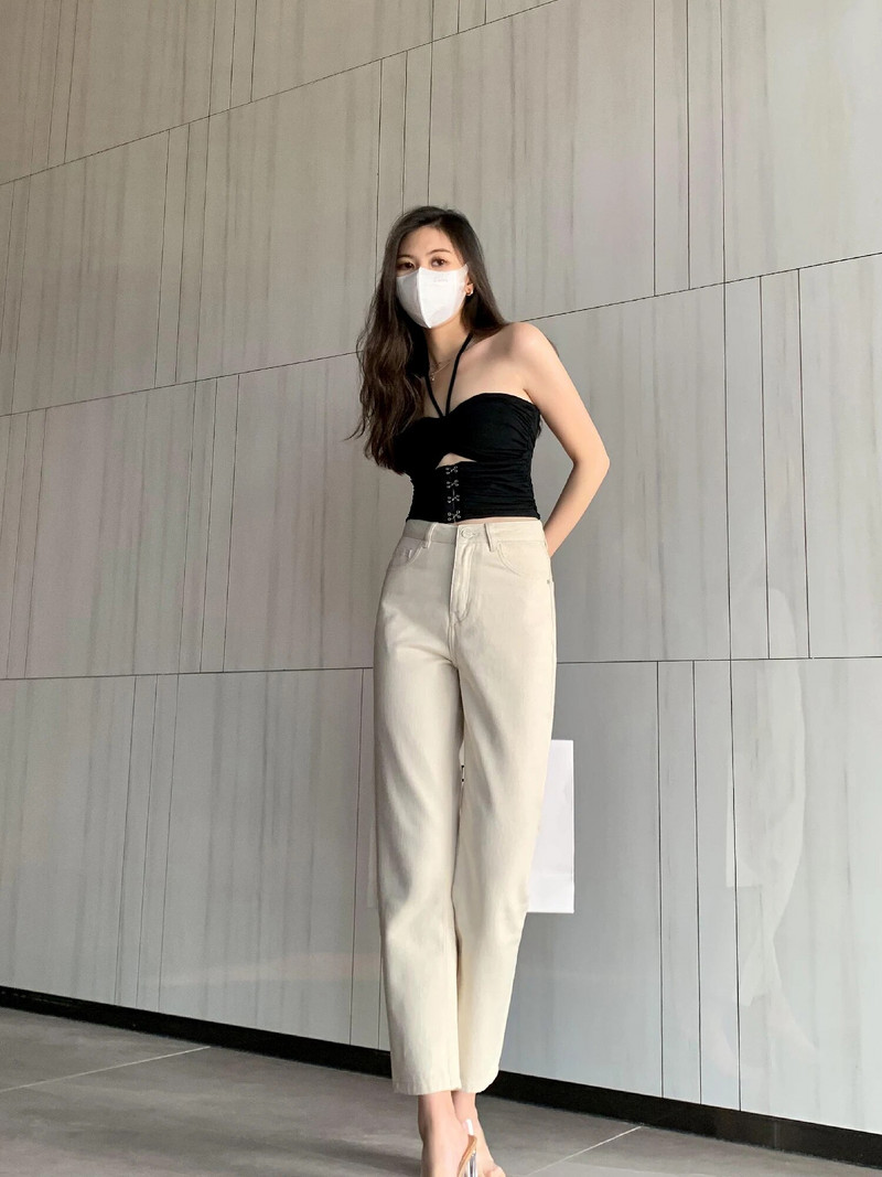 9 ΠΟΝΤΕΣ ΚΡΕΜ ΛΕΥΚΟ ΙΣΙΟ ΠΟΔΙ ΜΑΣΙΦ ΣΤΡΕΤΣ ΤΖΙΝ ΓΙΑ ΓΥΝΑΙΚΕΙΑ CASUAL Y2K PANTALONS JANS - FORGUNROSES