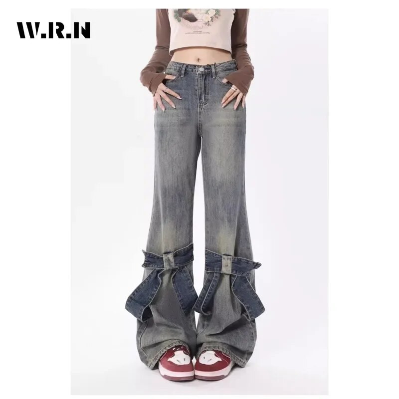 Dámske ležérne džínsy s vysokým pásom a rovným strihom, šnurovacie nohavice American Vintage, široké nohavice v štýle Y2K