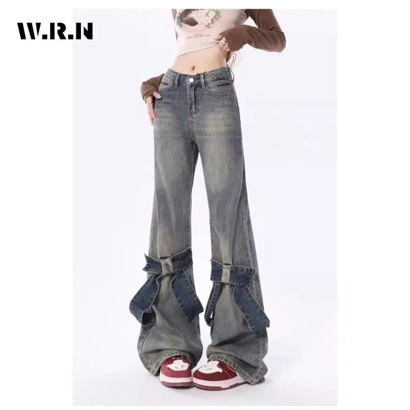 Dámske ležérne džínsy s vysokým pásom a rovným strihom, šnurovacie nohavice American Vintage, široké nohavice v štýle Y2K