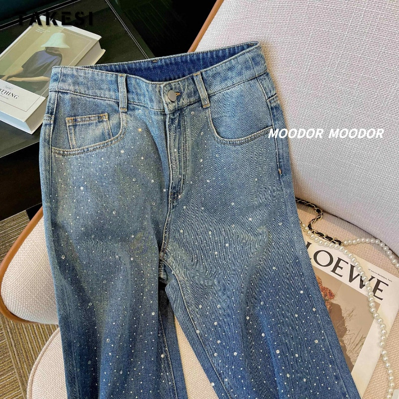 Vintage Dot Print Ψηλόμεσο με φαρδύ πόδι φαρδύ Y2K Τζιν παντελόνι Κορεατικής μόδας Γυναικείο παντελόνι High Street Style Μπλε ίσιο τζιν παντελόνι