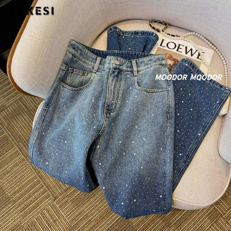 Vintage Dot Print Ψηλόμεσο με φαρδύ πόδι φαρδύ Y2K Τζιν παντελόνι Κορεατικής μόδας Γυναικείο παντελόνι High Street Style Μπλε ίσιο τζιν παντελόνι