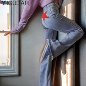 Blugi evazați drepți cu stea cu cinci colțuri retro, pantaloni de denim pentru femei, cu patchwork vintage, ocazional, pantaloni streetwear