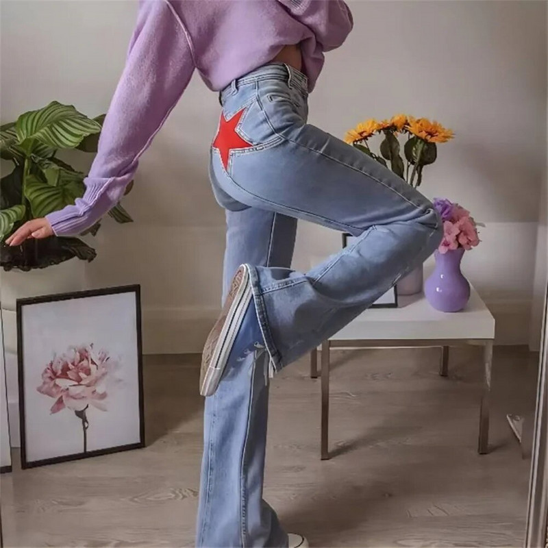 Blugi evazați drepți cu stea cu cinci colțuri retro, pantaloni de denim pentru femei, cu patchwork vintage, ocazional, pantaloni streetwear