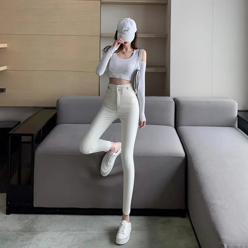 Korea Mood Aprikoos Kitsad püksid Naiste Kõrge vöökohaga Stretch Teksad Püksid Seksikas pliiats Capris Tänavarõivad Hip Lift Denim Retuusid