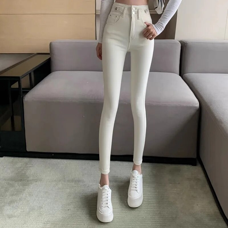 Korea Mood Aprikoos Kitsad püksid Naiste Kõrge vöökohaga Stretch Teksad Püksid Seksikas pliiats Capris Tänavarõivad Hip Lift Denim Retuusid