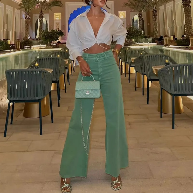 Dámske rifľové nohavice TRAF Ružové džínsy Baggy Jeans s rovnými nohavicami, námornícka modrá, streetwear, letné dámske džínsy