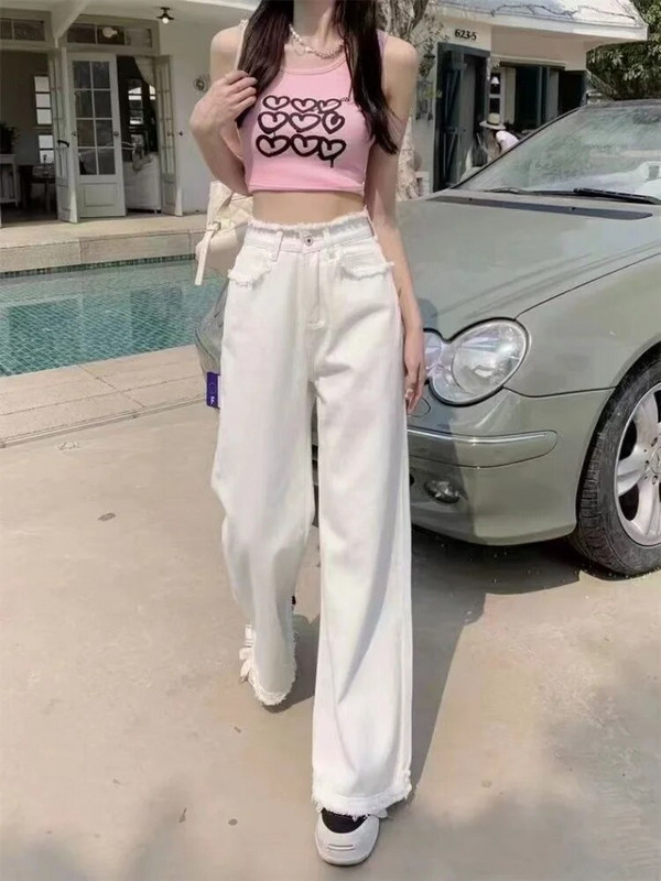 Biele džínsy pre ženy, roztrhané, voľné, vintage, kórejský štýl, populárne, osobné, mladé, jednoduché, vysokoškolské, džínsové nohavice, Harajuku Streetwear