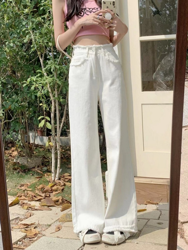 Biele džínsy pre ženy, roztrhané, voľné, vintage, kórejský štýl, populárne, osobné, mladé, jednoduché, vysokoškolské, džínsové nohavice, Harajuku Streetwear