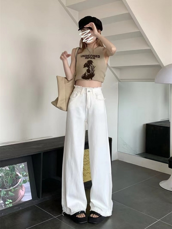 Biele džínsy pre ženy, roztrhané, voľné, vintage, kórejský štýl, populárne, osobné, mladé, jednoduché, vysokoškolské, džínsové nohavice, Harajuku Streetwear