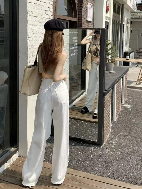 Biele džínsy pre ženy, roztrhané, voľné, vintage, kórejský štýl, populárne, osobné, mladé, jednoduché, vysokoškolské, džínsové nohavice, Harajuku Streetwear