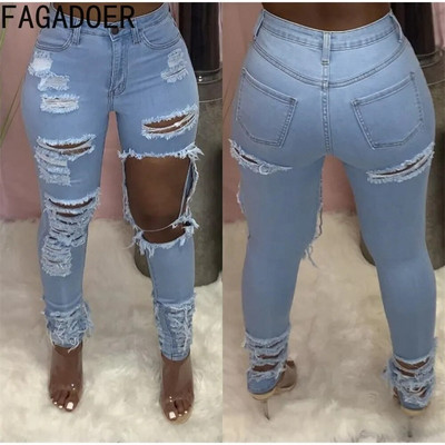 FAGADOER Fashion Street Style Дамски тесни дънкови панталони с висока талия и копчета, есенни ежедневни дънкови дънки