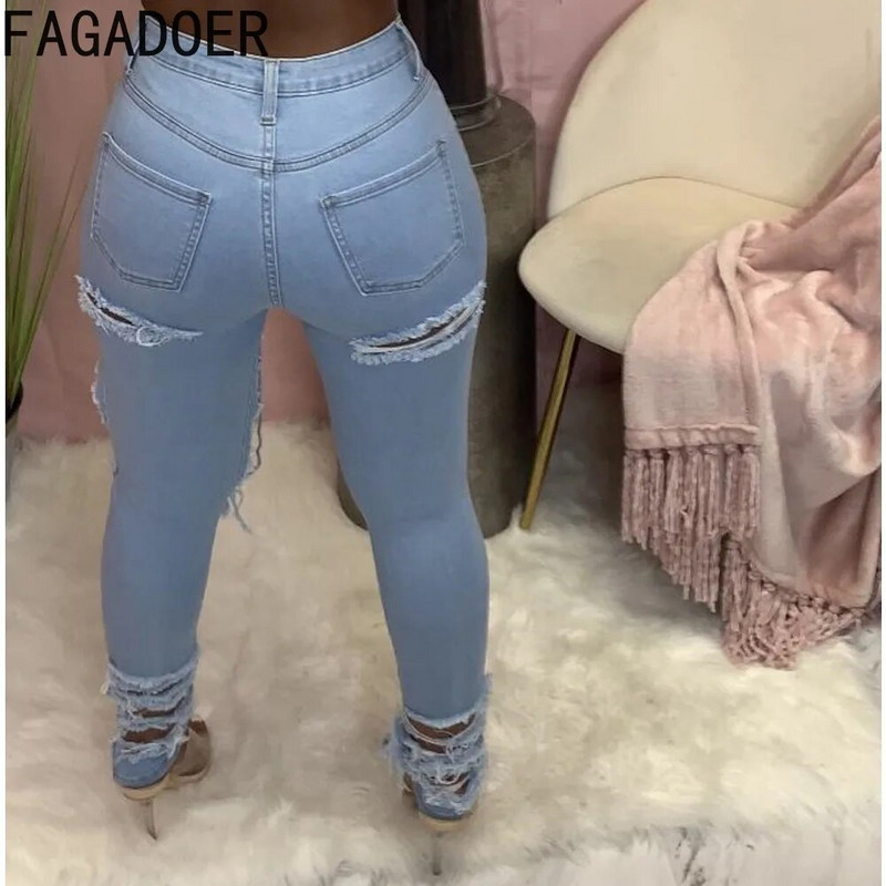 FAGADOER Módne dámske džínsové nohavice s vysokým pásom a gombíkovou dierkou, jesenné ležérne elastické džínsy