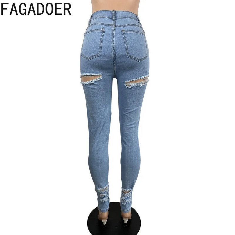 FAGADOER Módne dámske džínsové nohavice s vysokým pásom a gombíkovou dierkou, jesenné ležérne elastické džínsy