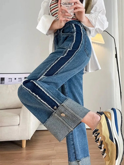 Vrecovité manžety Dizajn džínsov Rovné nohavice Módne patchworkové voľné dámske nové nohavice Vaqueros s vysokým pásom Trendové džínsové nohavice