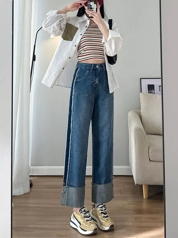 Vrecovité manžety Dizajn džínsov Rovné nohavice Módne patchworkové voľné dámske nové nohavice Vaqueros s vysokým pásom Trendové džínsové nohavice